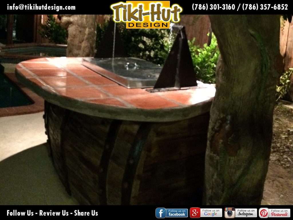 Custom-Cement-Barrel-Tiki-Bar-detail-night-view-Tiki-Huts-Miami