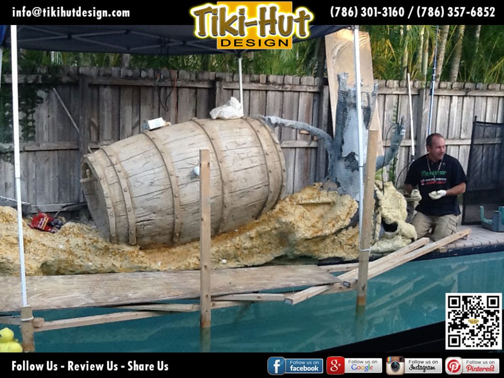 Custom-Decorative-Wine-Barrel-with-Water-feature-under-construction-by-Tiki-Hut-Design-of-Miam